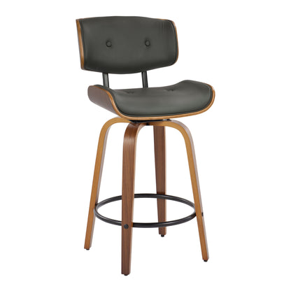 Lombardi - Mid-Century Modern Fixed Height Counter Stool With Swivel With Round Footrest (Set of 2) - Walnut / Gray