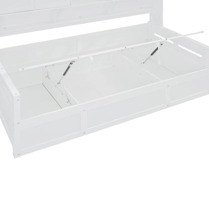 Twin Size Wooden Daybed With Hydraulic Bed And All In One Cabinet And Shelf - White