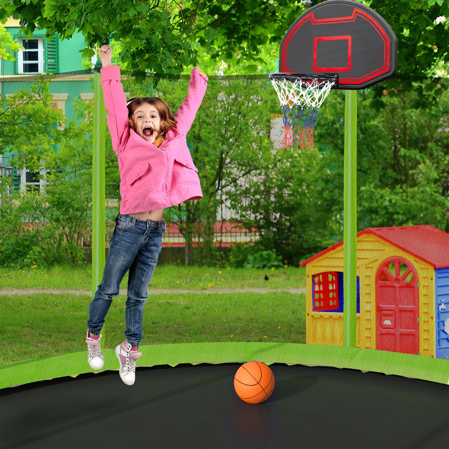 15Ft Trampoline With Basketball Hoop Inflator And Ladder (Inner Safety Enclosure) - Green