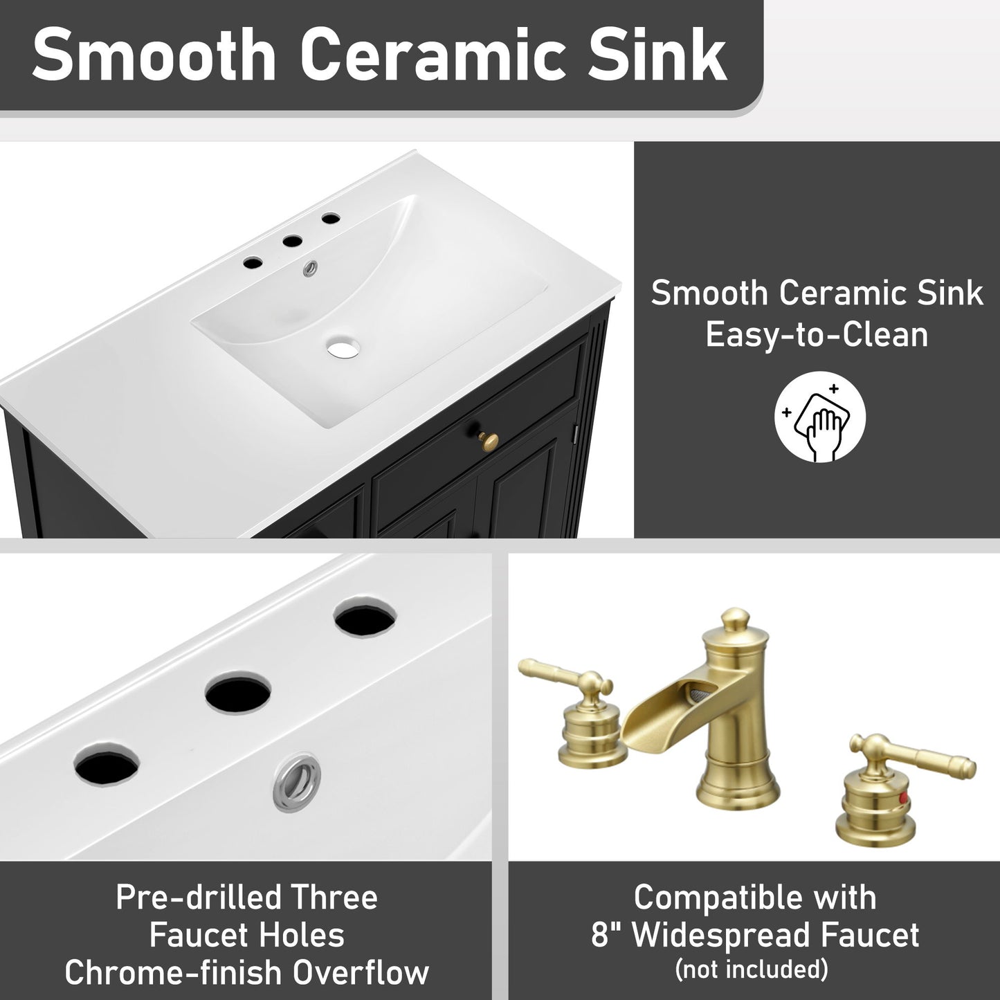 Modern Bathroom Vanity With Ceramic Sink, Freestanding, One Tip - Out Drawer, 3 Side Drawers, Adjustable Shelf - Beige