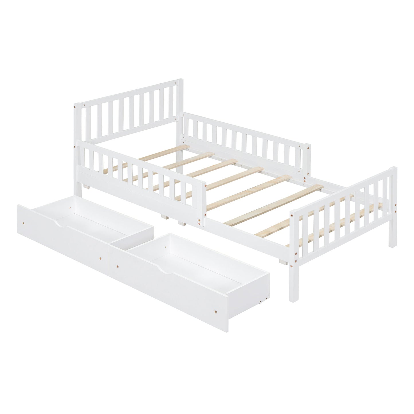 Twin Size Platform Bed With Guardrails On Both Sides And 2 Storage Drawers - White