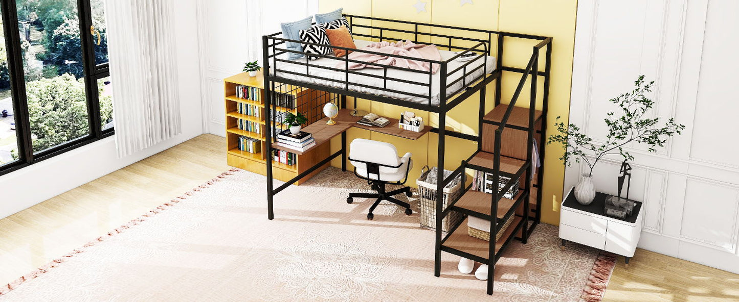 Full Size Loft Bed With Desk And Grid, Stylish Frame With Lateral Storage Ladder And Wardrobe - Black