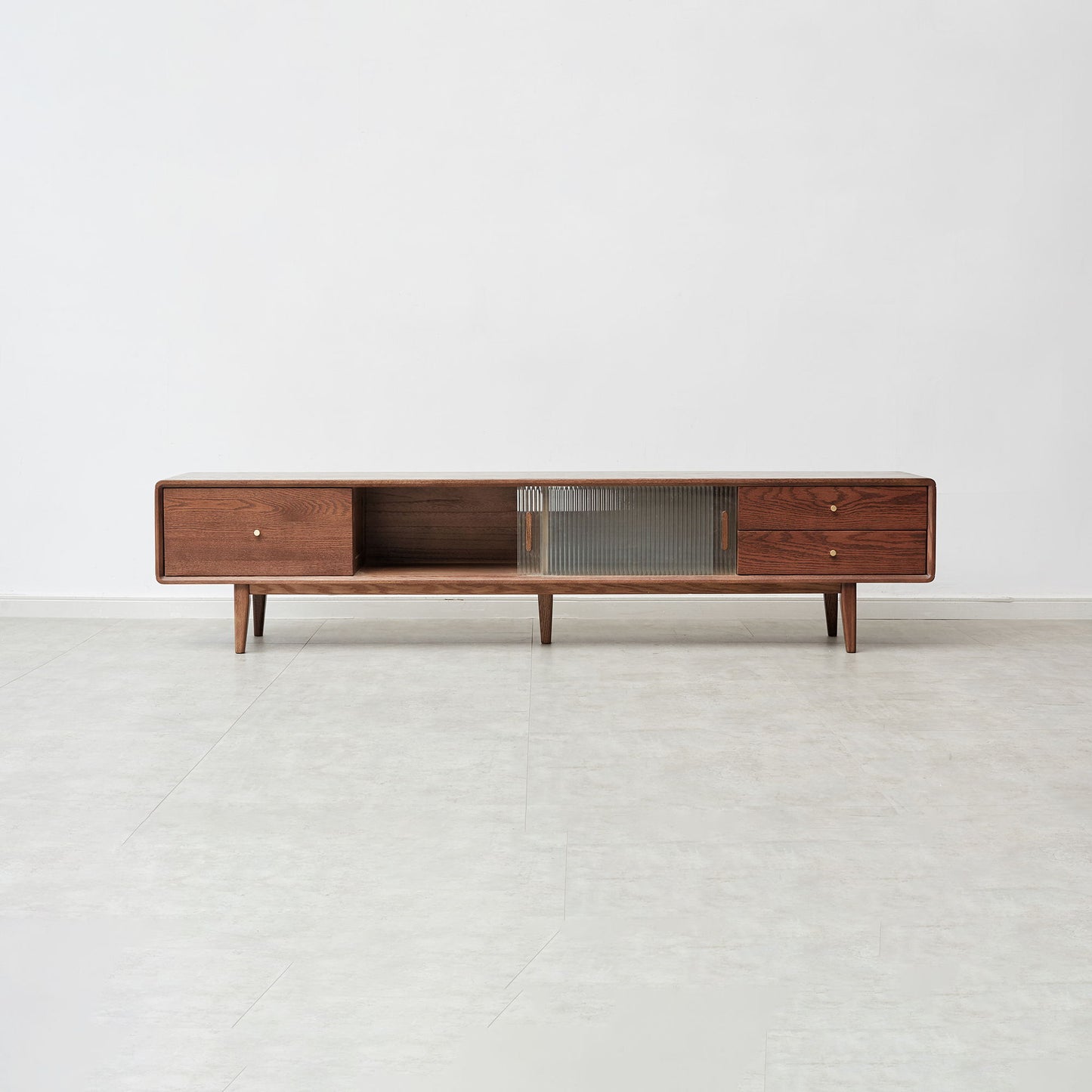 TV Cabinet With Chinese Changhong Glass Doors, Two Drawer Storage Space TV Standing - Walnut