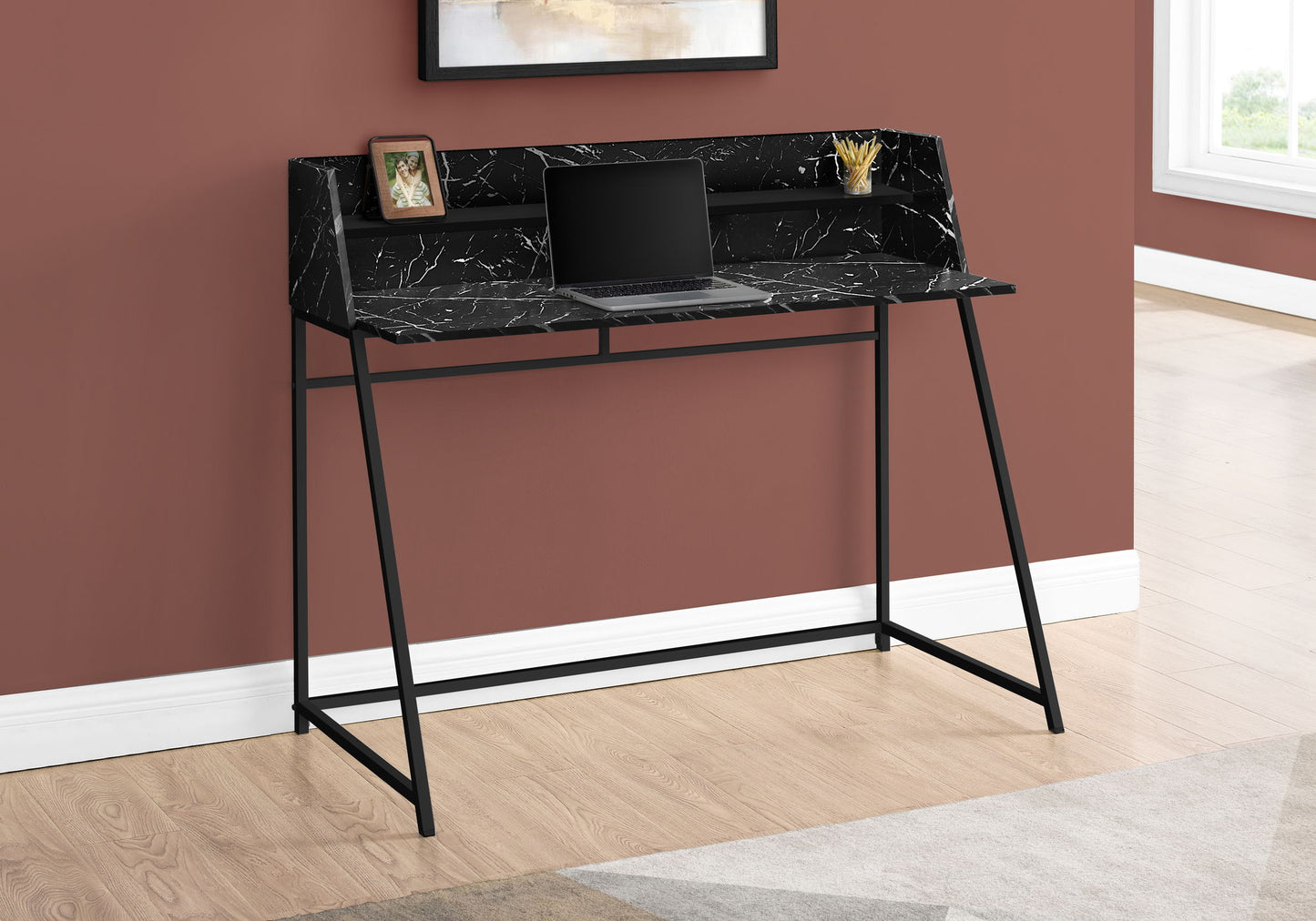 Computer Desk For Home Office, Laptop, Storage Shelves, Marble Look Modern Design - Black