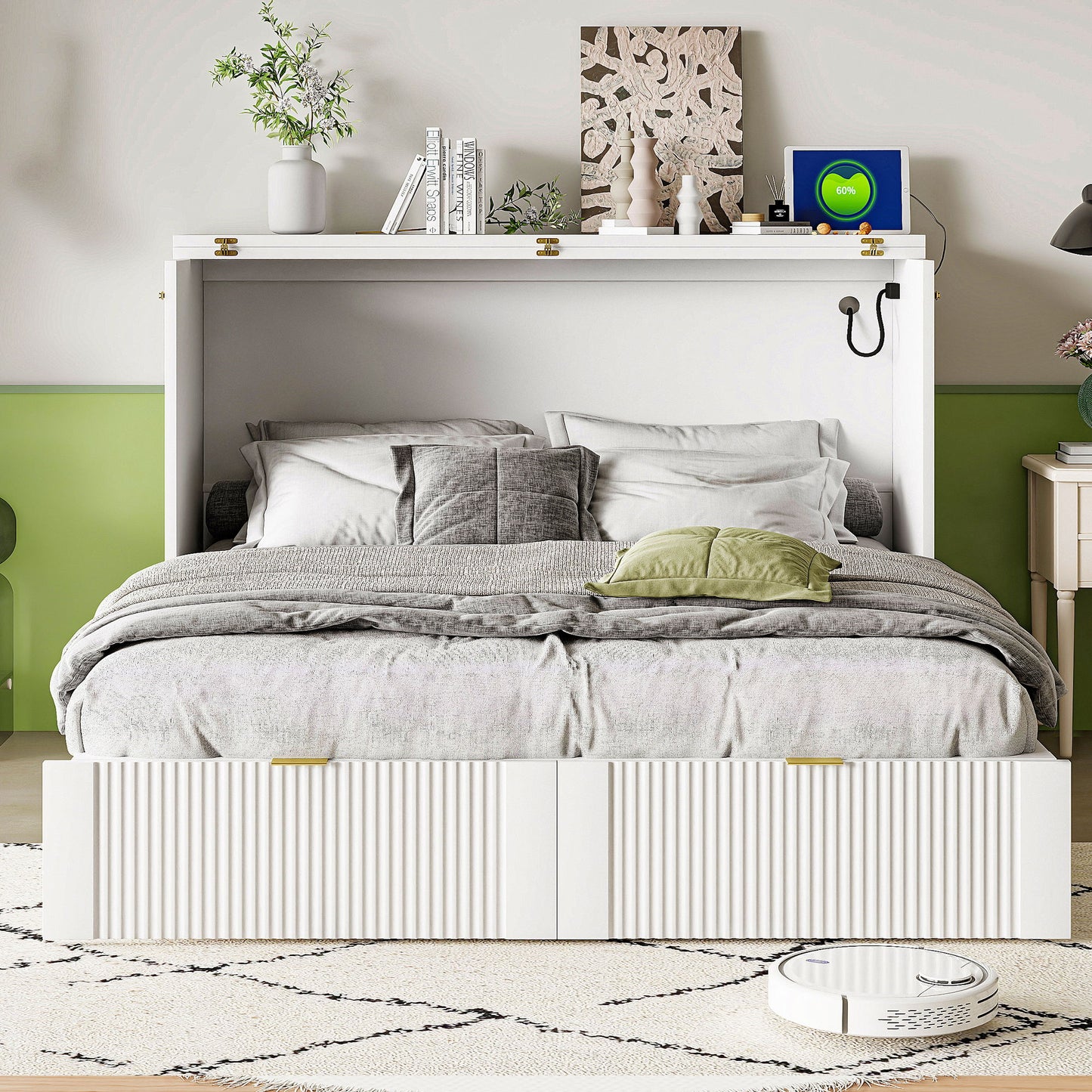 Full Size Murphy Bed With Drawer And A Set Of Sockets & USB Ports, Pulley Structure Design - White