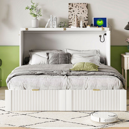 Full Size Murphy Bed With Drawer And A Set Of Sockets & USB Ports, Pulley Structure Design - White