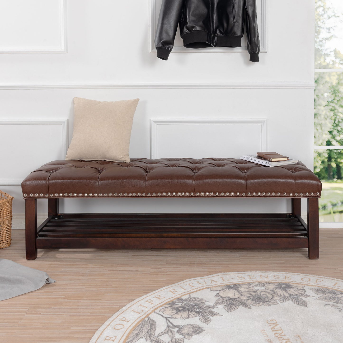 Bedroom End Of Bed Bench Tufted Upholstered End Of Bed Bench End Of Bed Entrance Shoe Bench, 60" With Nailhead Trim And Shelf Bedroom Upholstered Leather Bench Living Room Shoe Rack Footstool - Dark Brown