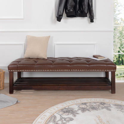 Bedroom End Of Bed Bench Tufted Upholstered End Of Bed Bench End Of Bed Entrance Shoe Bench, 60" With Nailhead Trim And Shelf Bedroom Upholstered Leather Bench Living Room Shoe Rack Footstool - Dark Brown
