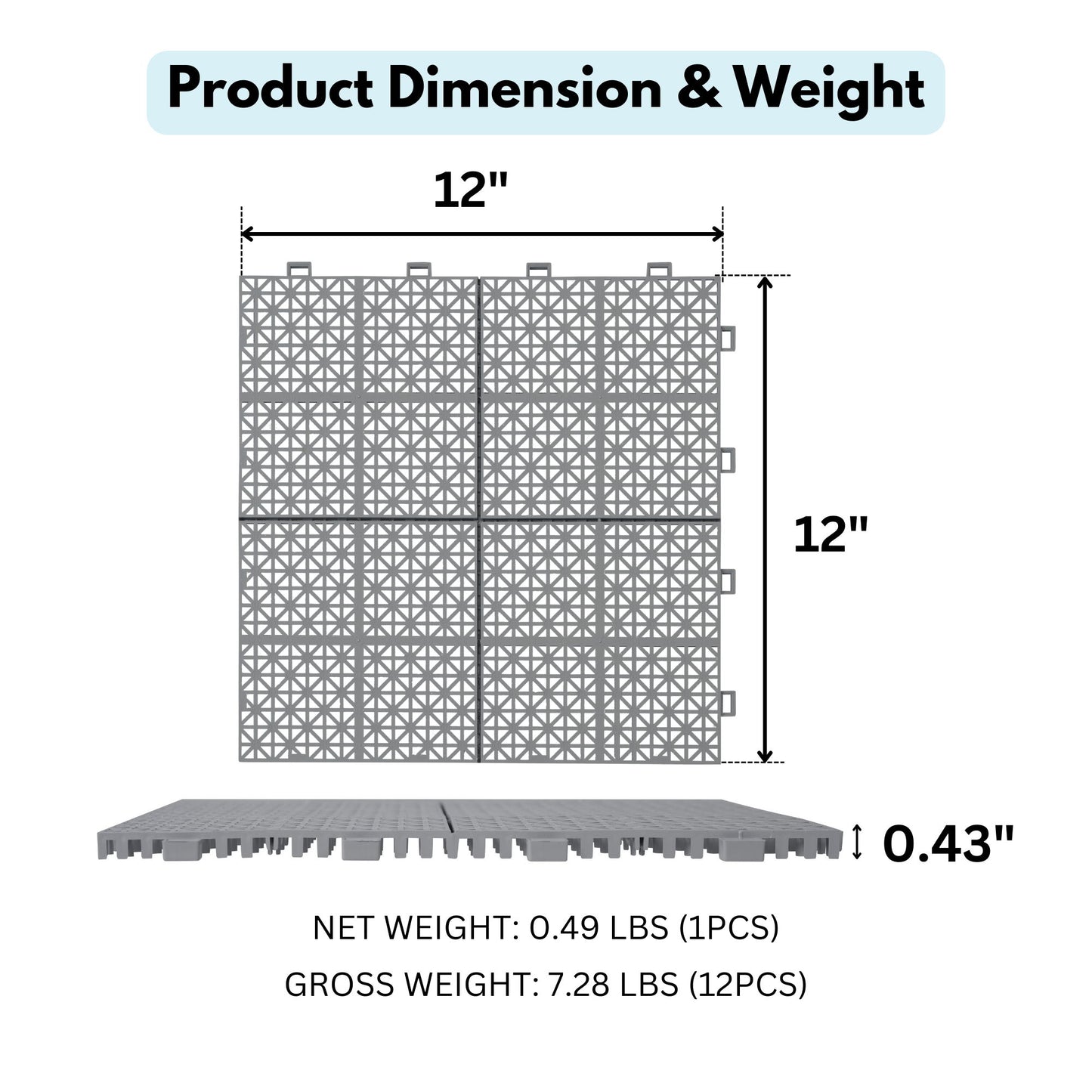 Interlocking Deck Tiles Plastic Waterproof Outdoor All Weather Anti-Slip Bathroom Shower Balcony Porch Strong Weight Capacity Upto 6613 Lbs, Rosette Pattern Pack Of 12 - Gray