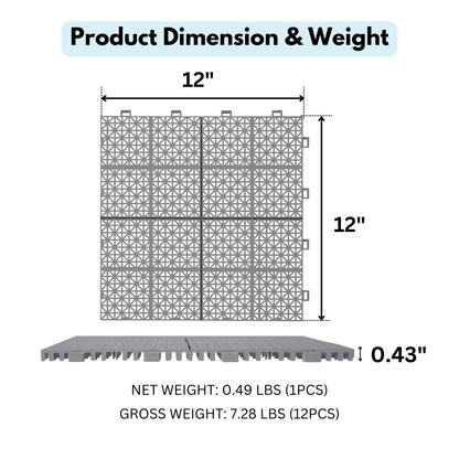 Interlocking Deck Tiles Plastic Waterproof Outdoor All Weather Anti-Slip Bathroom Shower Balcony Porch Strong Weight Capacity Upto 6613 Lbs, Rosette Pattern Pack Of 12 - Gray