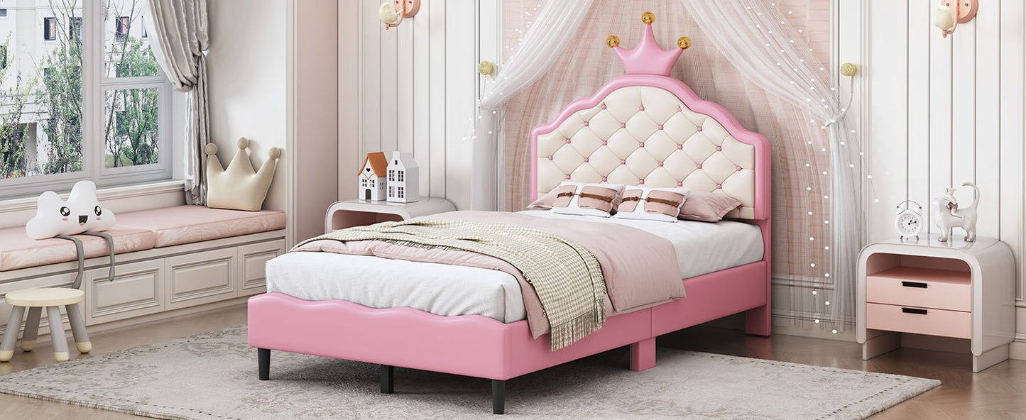 Twin Size Lovely Crown Fantasy Leather Princess Bed With Tufted Headboard - Pink / Cream