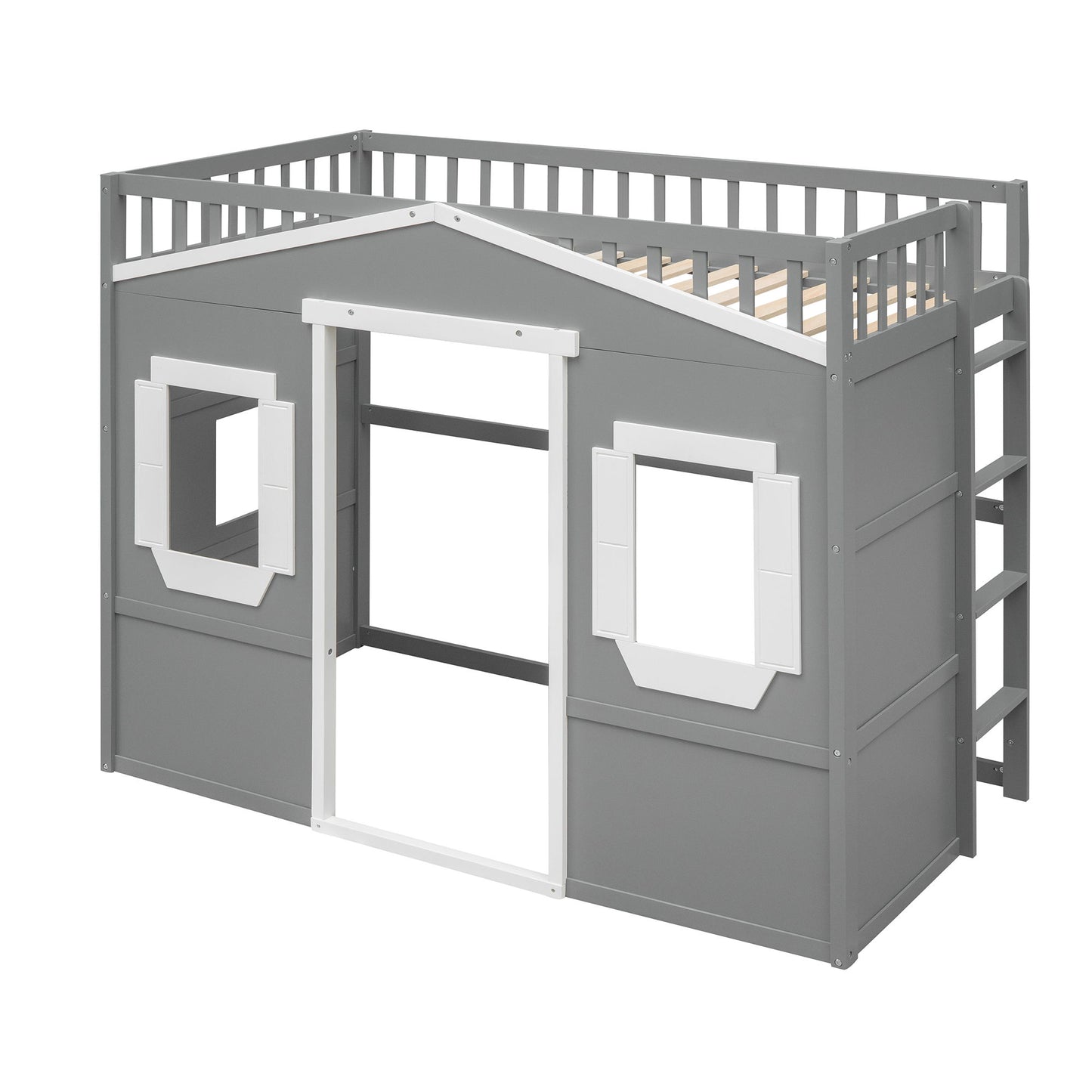 Twin Size House Loft Bed With Ladder - Gray / White