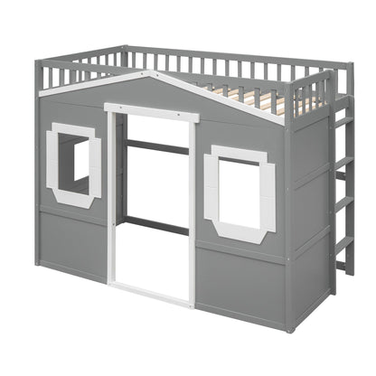 Twin Size House Loft Bed With Ladder - Gray / White