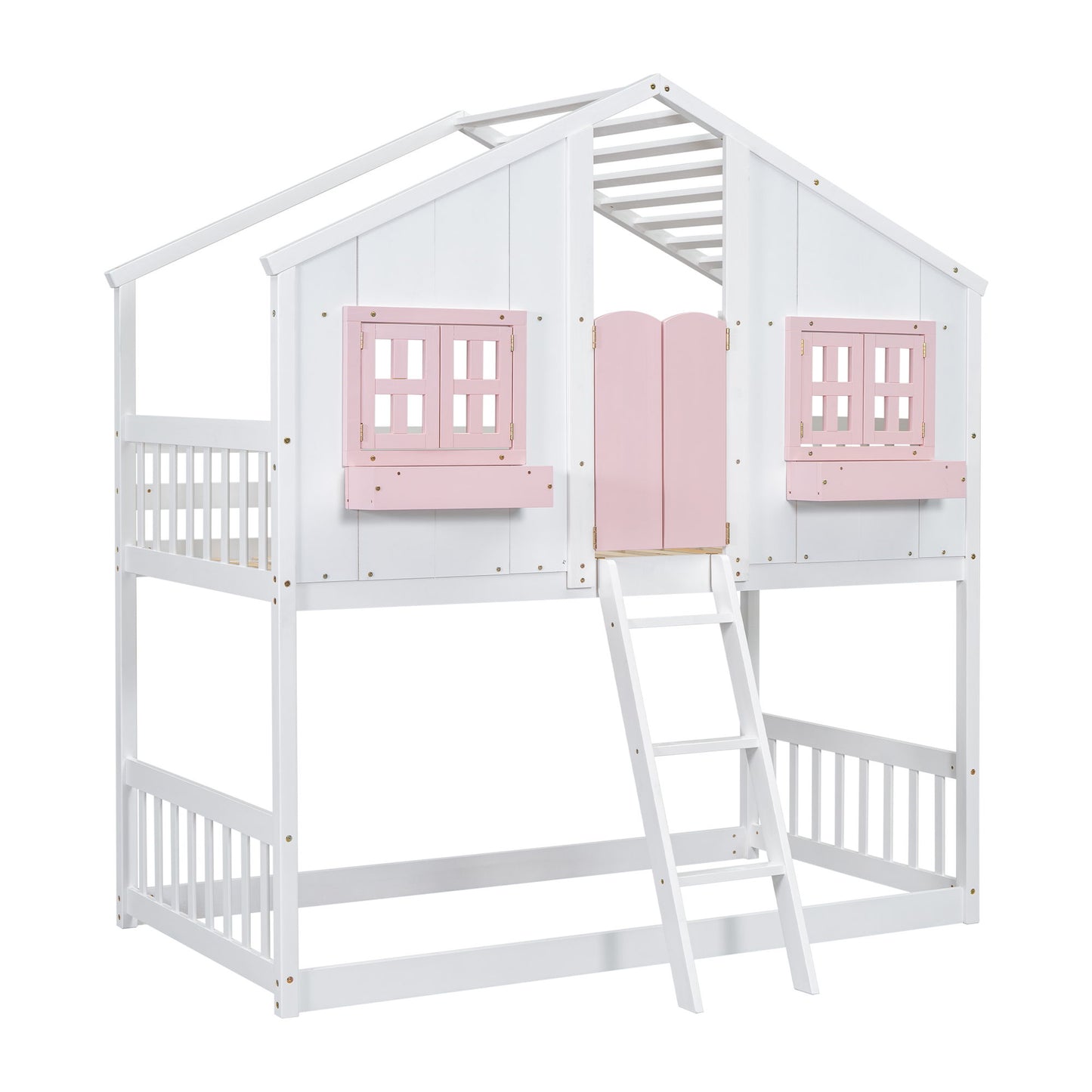 Twin Over Twin House Bunk Bed With Roof, Window, Window Box, Door, With Safety Guardrails And Ladder - Pink / White