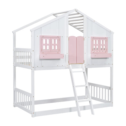 Twin Over Twin House Bunk Bed With Roof, Window, Window Box, Door, With Safety Guardrails And Ladder - Pink / White