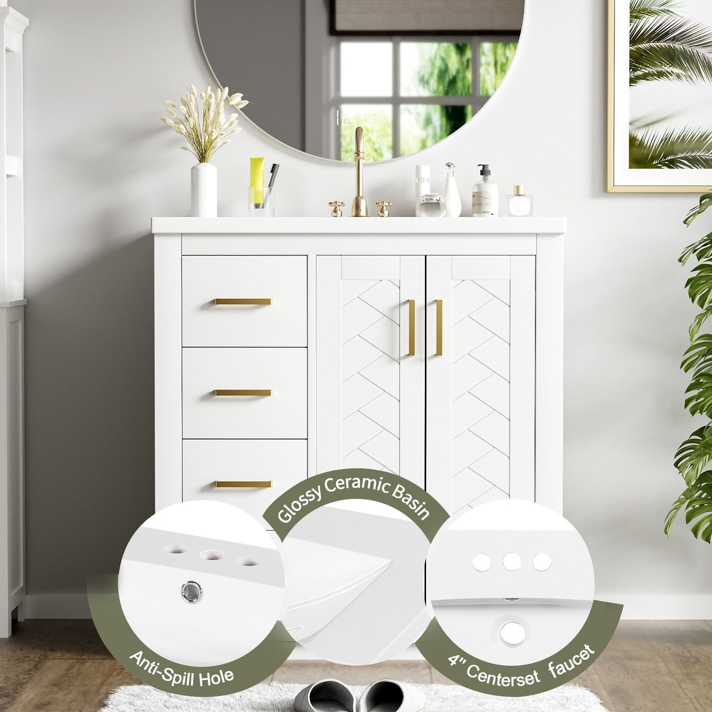 Bathroom Vanity With Ceramic Sink Combo, Frame Bathroom Storage Cabinet, Freestanding Vanity Set With 3 Drawers & Soft Closing Doors - White