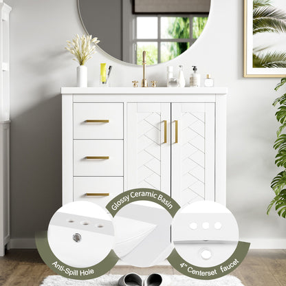 Bathroom Vanity With Ceramic Sink Combo, Frame Bathroom Storage Cabinet, Freestanding Vanity Set With 3 Drawers & Soft Closing Doors - White