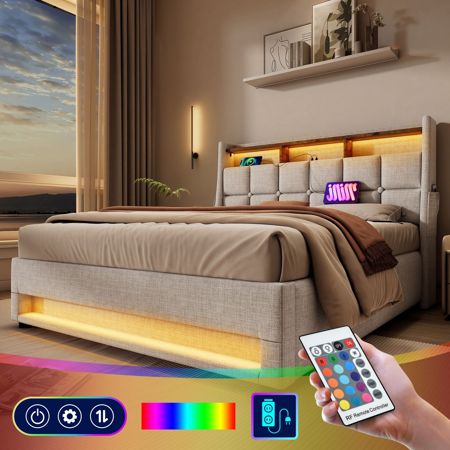 Queen Size Upholstered Platform Bed With A Hydraulic Storage System, LED And USB Charging (Without Mattress) - Natural