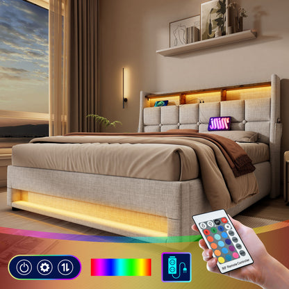 Queen Size Upholstered Platform Bed With A Hydraulic Storage System, LED And USB Charging (Without Mattress) - Natural