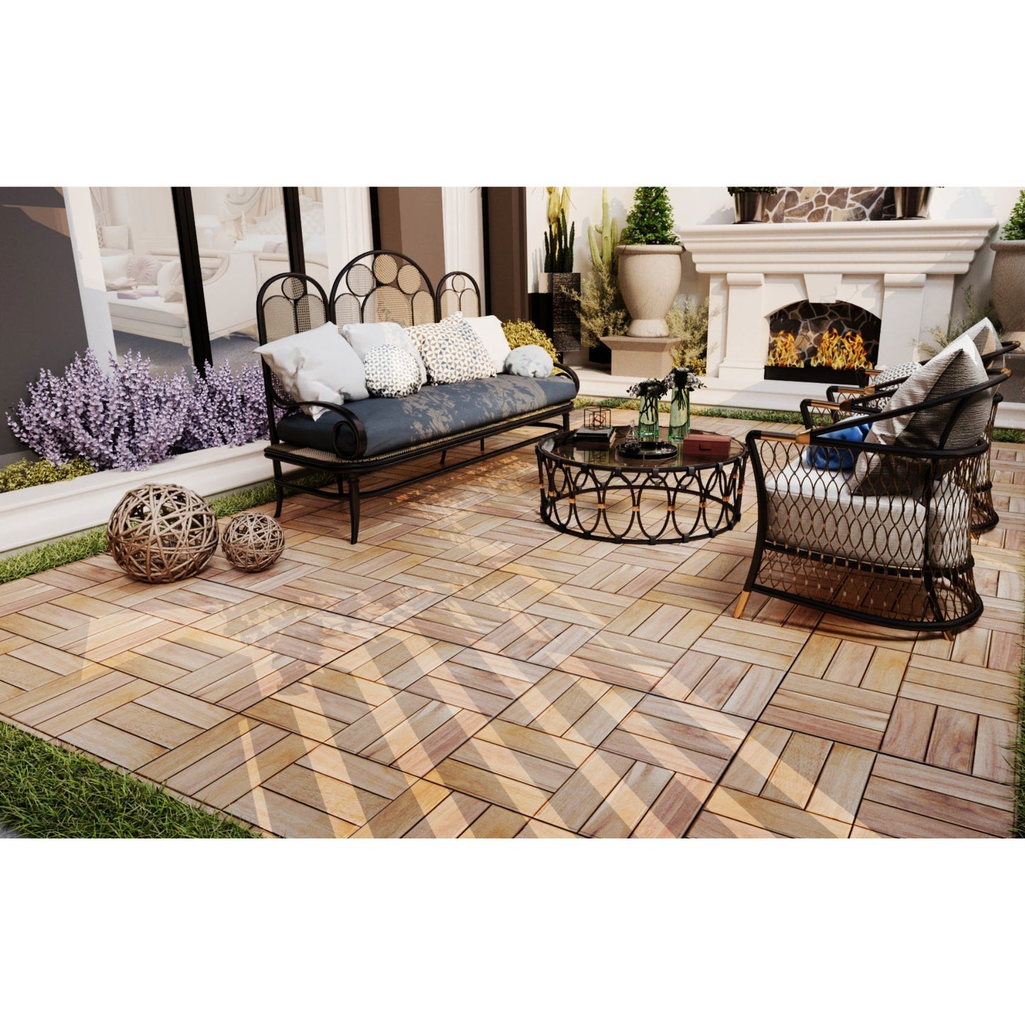 30 Piece Interlocking Deck Tiles Checker Pattern, Square Acacia Hardwood Outdoor Flooring For Patio, Bancony, Pool Side - Yellow