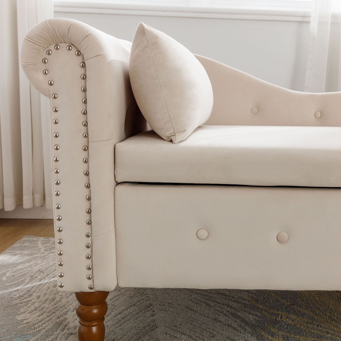 Chaise Lounge Indoor, Velvet Lounge Chair For Bedroom With Storage & Pillow, Modern Upholstered Rolled Arm Chase Lounge For Sleeping With Nailhead Trim For Living Room Bedroom Office - Beige