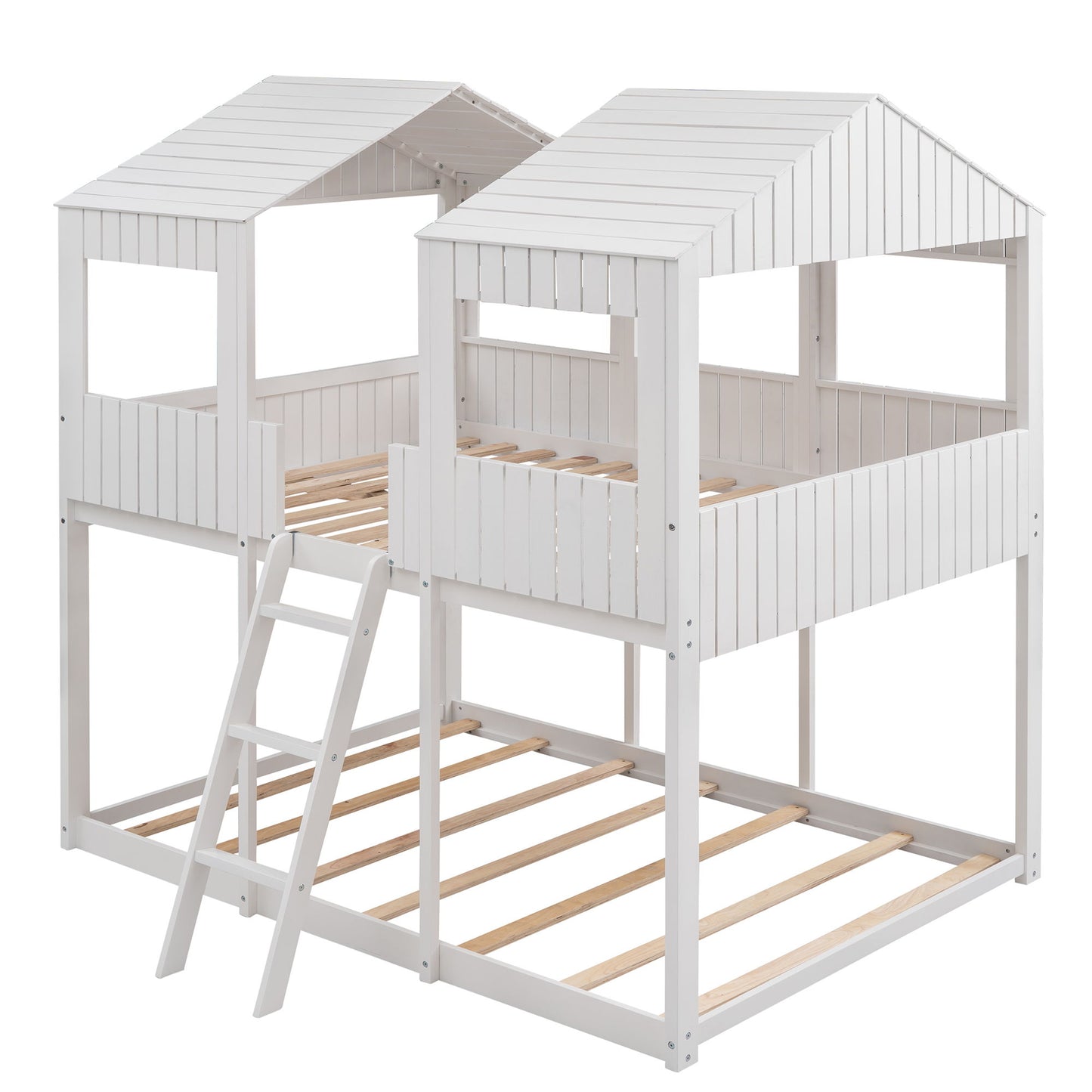 Full Over Full Bunk Bed With Roof, Window, Guardrail, Ladder - White