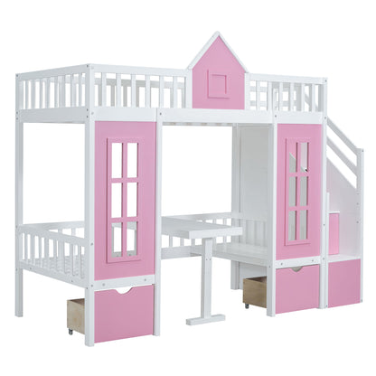 Twin Over Twin Bunk Bed With Changeable Table, Bunk Bed Turn Into Upper Bed And Down Desk - Pink