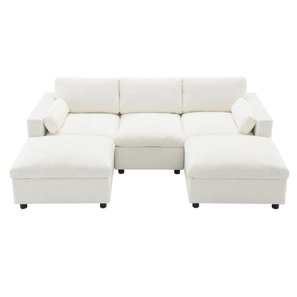 Modular Sectional With Storage Pockets, 5 Seat U Shaped Couch Set With Pillows Free Combination Modern Cloud Sofa With 2 Movable Ottoman - White