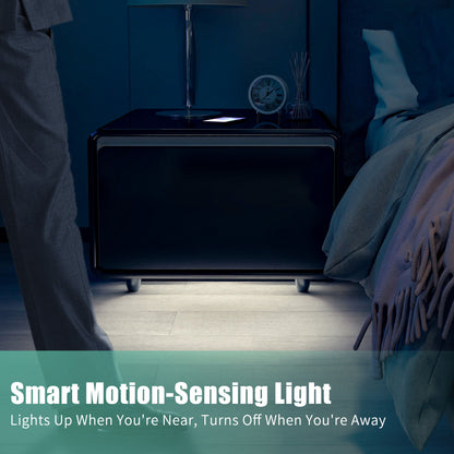 Modern Smart Side Table With Built-In Fridge, Wireless Charging, Temperature Control, Power Socket, USB Ports, Outlet Protection, Induction Light - Black
