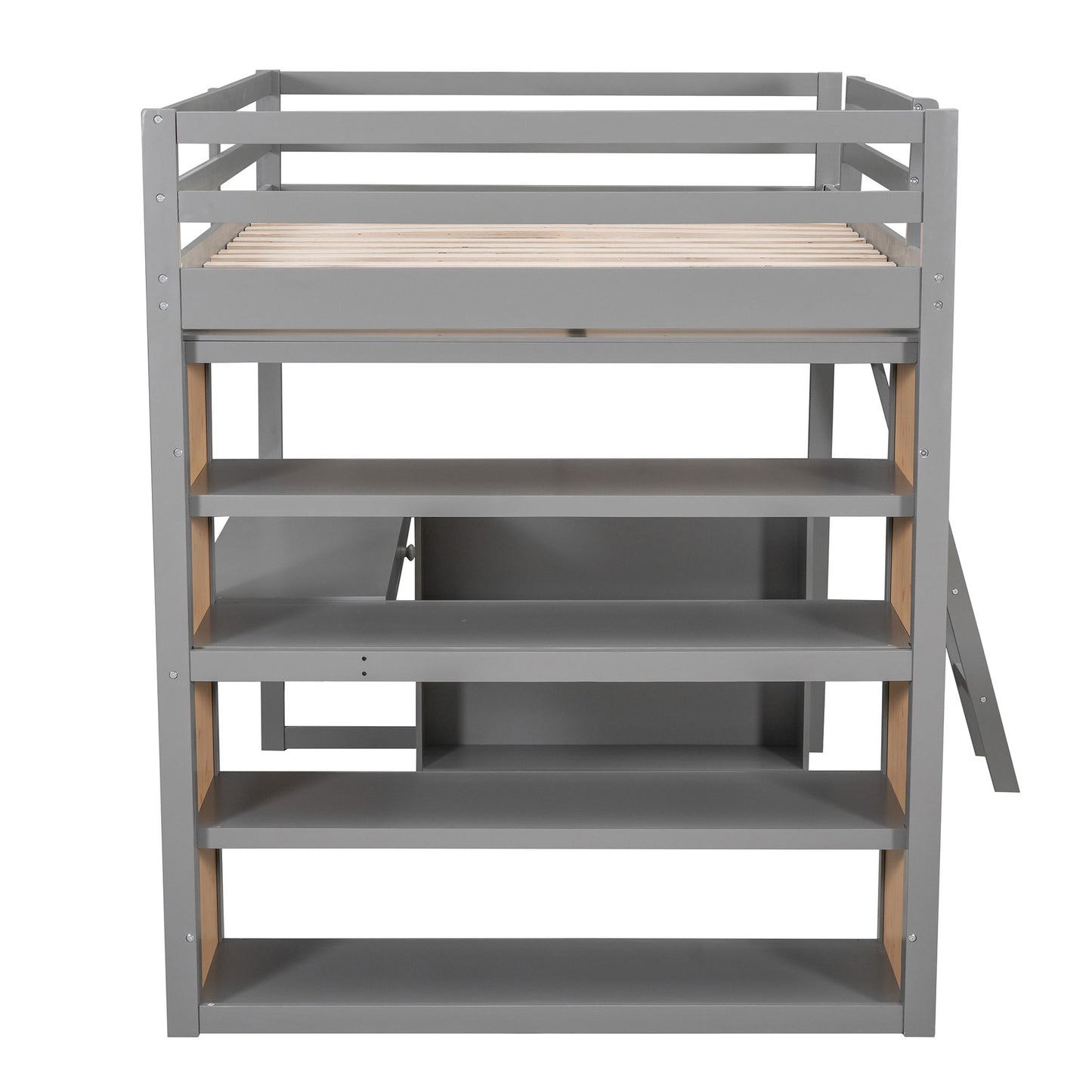 Full Size Loft Bed With Ladder, Shelves, And Desk - Gray