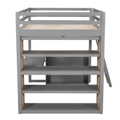 Full Size Loft Bed With Ladder, Shelves, And Desk - Gray