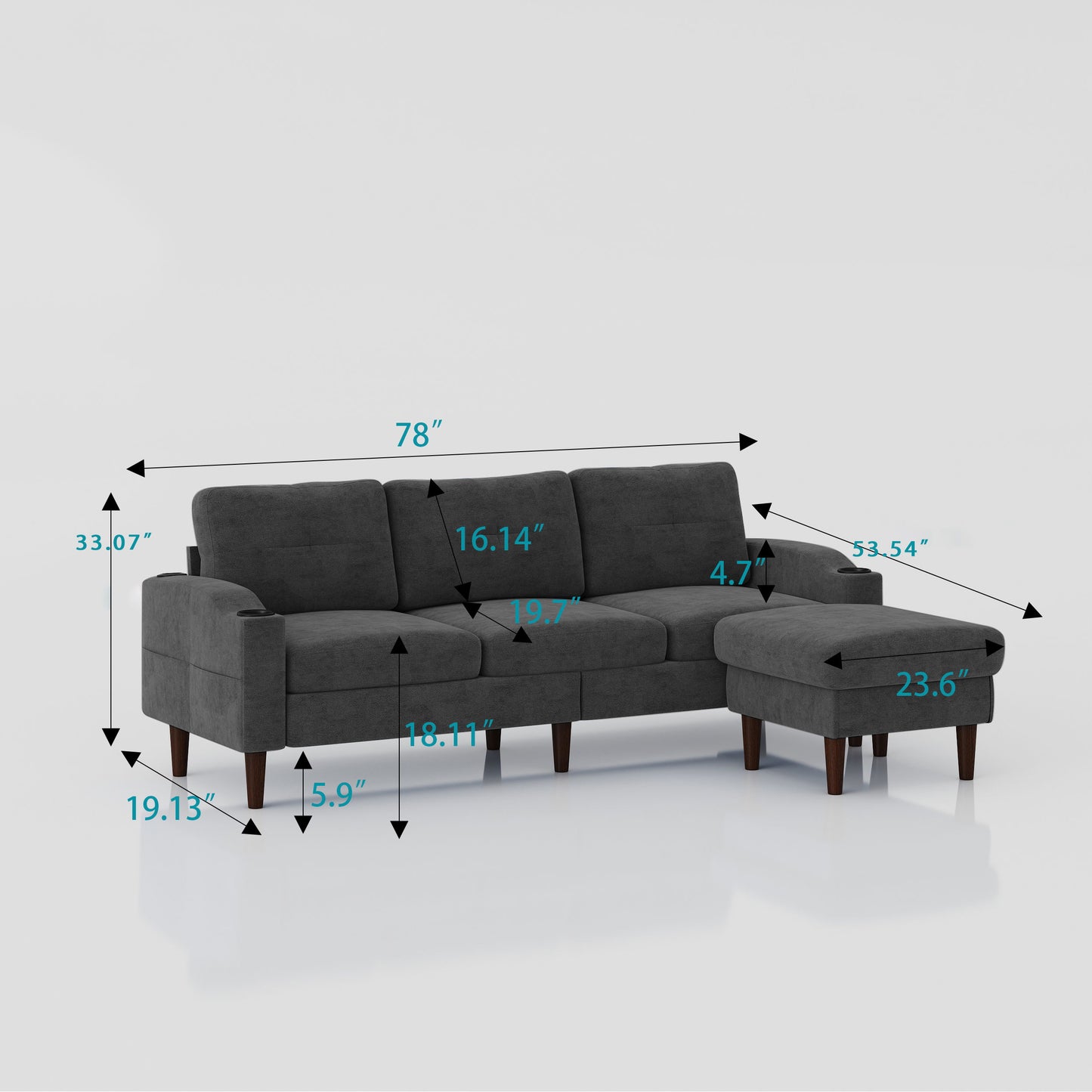 Convertible Combo Sofa, Sofa L Shaped, Sofa With Storage Cabinet Footstool, Living Room Sofa, Living Room 3 Seat Combo Sofa - Dark Gray