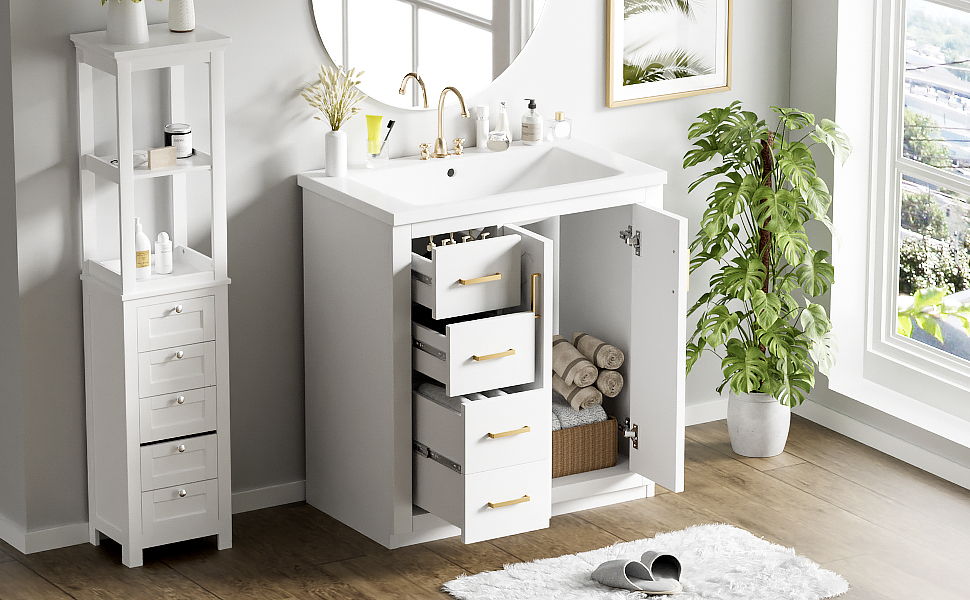 Bathroom Vanity With Ceramic Sink Combo, Frame Bathroom Storage Cabinet, Freestanding Vanity Set With 3 Drawers & Soft Closing Doors - White