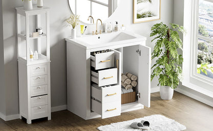 Bathroom Vanity With Ceramic Sink Combo, Frame Bathroom Storage Cabinet, Freestanding Vanity Set With 3 Drawers & Soft Closing Doors - White