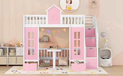 Twin Over Twin Bunk Bed With Changeable Table, Bunk Bed Turn Into Upper Bed And Down Desk - Pink