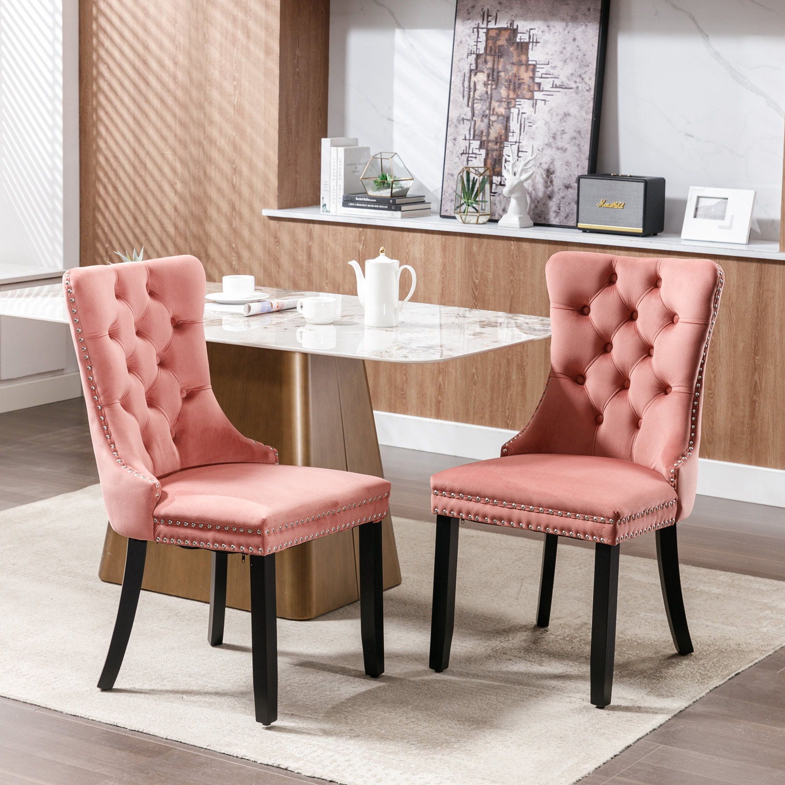 Nikki - Modern, High-End Tufted Solid Wood Contemporary Velvet Upholstered Dining Chair With Wood Legs Nailhead Trim (Set of 2) - Pink
