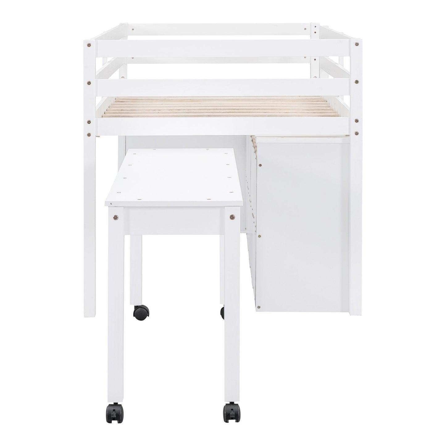 Twin Size Loft Bed With Retractable Writing Desk And 4 Drawers, With Lateral Portable Desk And Shelves - White