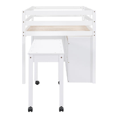 Twin Size Loft Bed With Retractable Writing Desk And 4 Drawers, With Lateral Portable Desk And Shelves - White