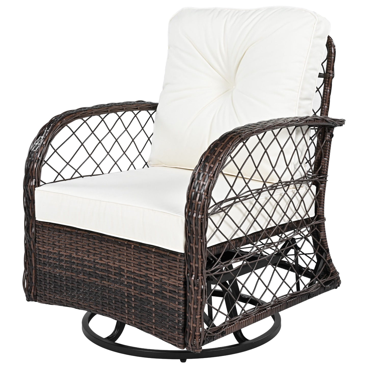 3 Piece Outdoor Chair & Table Set Chat Set 2 Person Rattan Seating Group With 2 Swiveling And Rocking Chairs And A Square Table For Garden, Patio, Or Balcony - Brown