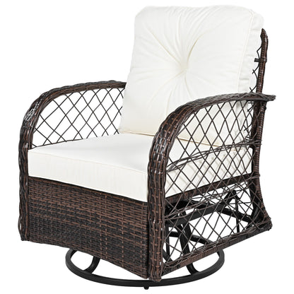 3 Piece Outdoor Chair & Table Set Chat Set 2 Person Rattan Seating Group With 2 Swiveling And Rocking Chairs And A Square Table For Garden, Patio, Or Balcony - Brown