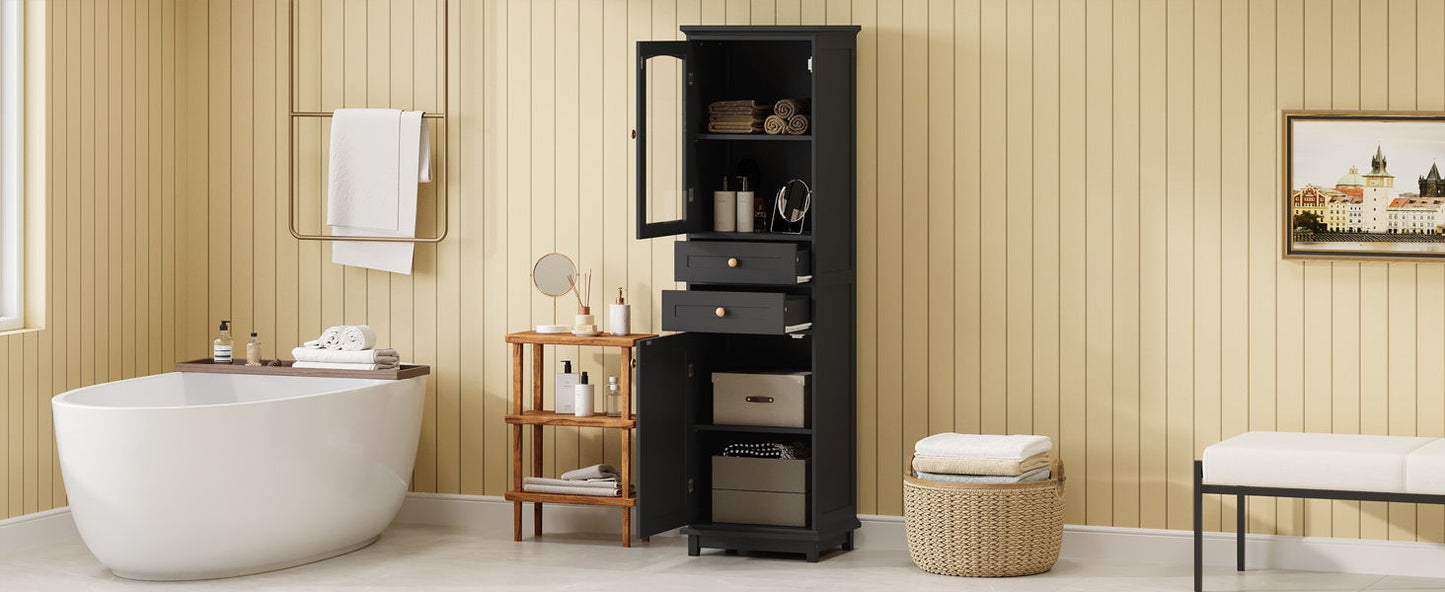 Tall Bathroom Storage Cabinet With Glass Doors, Free-Standing, Two Drawers, And Adjustable Shelves, MDF Board, Painted Perfect For Displaying Your Favorite Items - Black