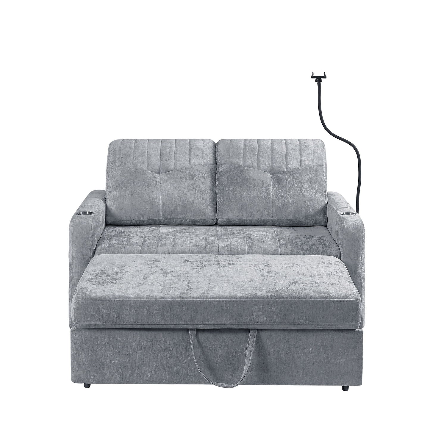 Modern Loveseat Pull Out Sofa Bed With Adjustable Backrest, Two Cup Holders, A Phone Holder, Three Charging Ports And Side Storage Pockets For Living Room - Gray