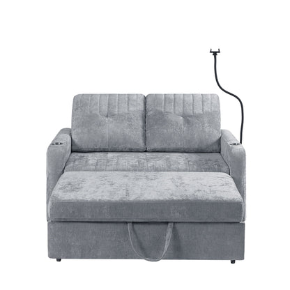 Modern Loveseat Pull Out Sofa Bed With Adjustable Backrest, Two Cup Holders, A Phone Holder, Three Charging Ports And Side Storage Pockets For Living Room - Gray
