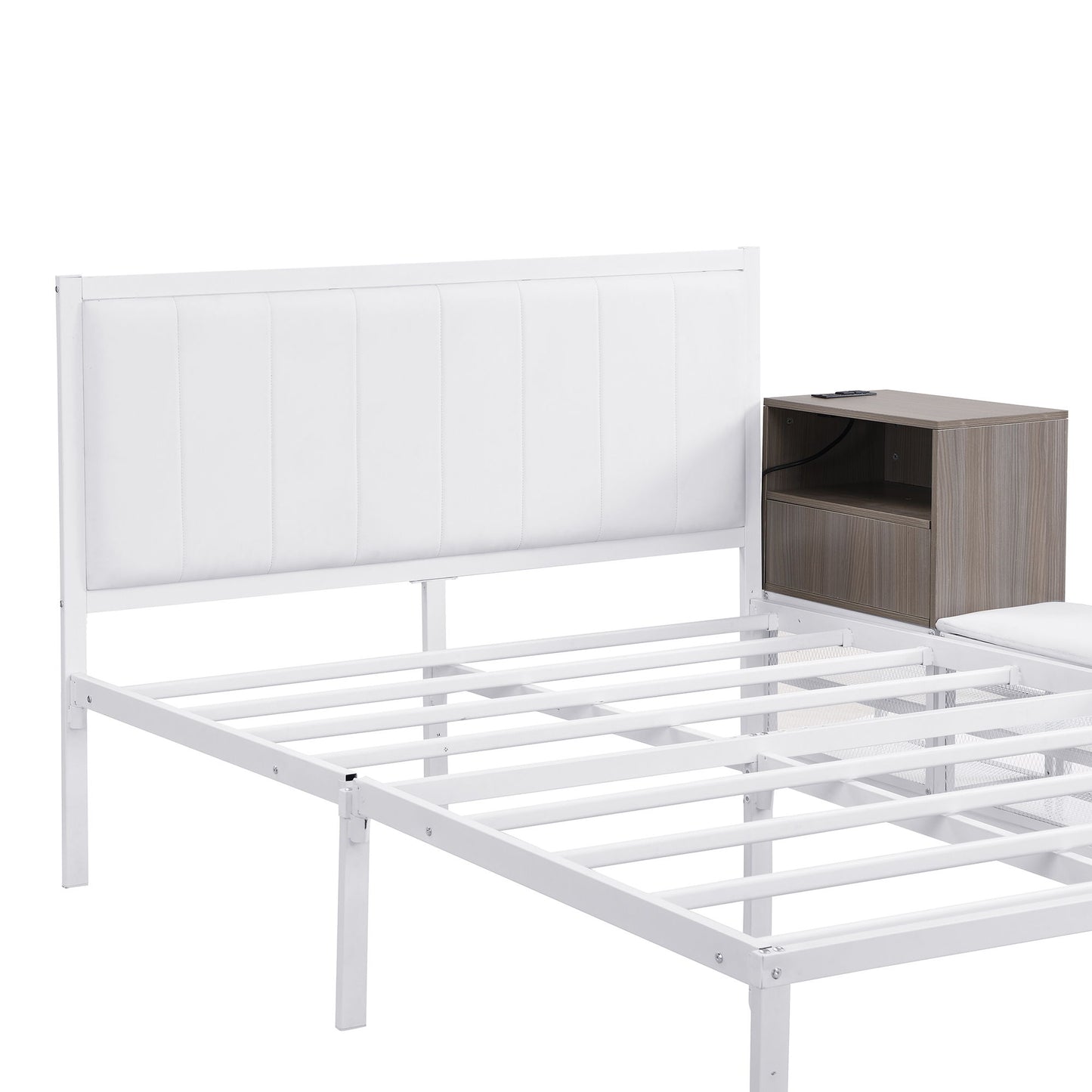 Full Size Platform Bed With 2 Tier Storage Shelves, Storage Cabinet - White