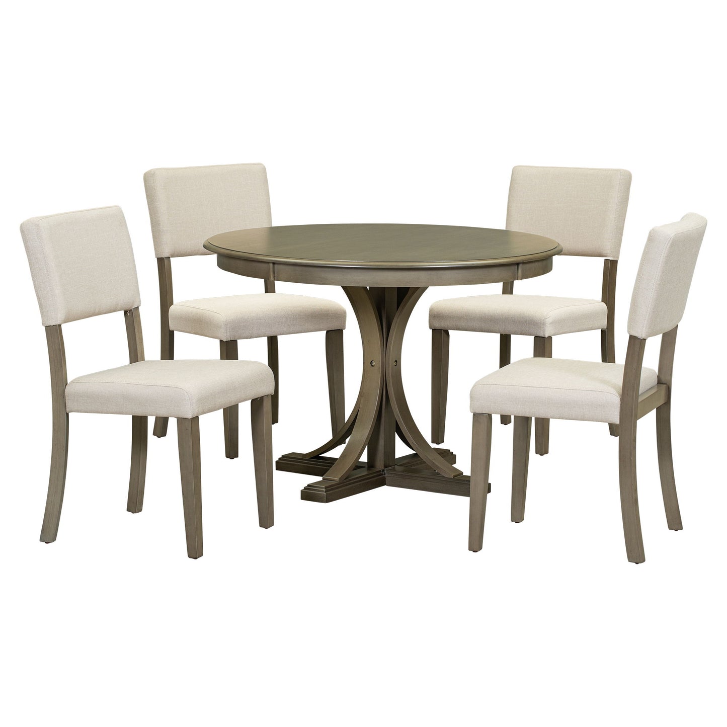 5 Piece Retro Round Dining Table Set With Curved Trestle Style Table Legs And 4 Upholstered Chairs For Dining Room - Taupe