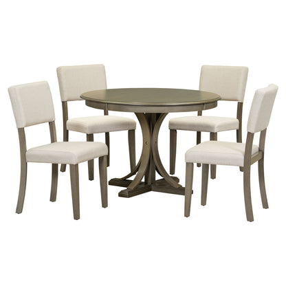 5 Piece Retro Round Dining Table Set With Curved Trestle Style Table Legs And 4 Upholstered Chairs For Dining Room - Taupe