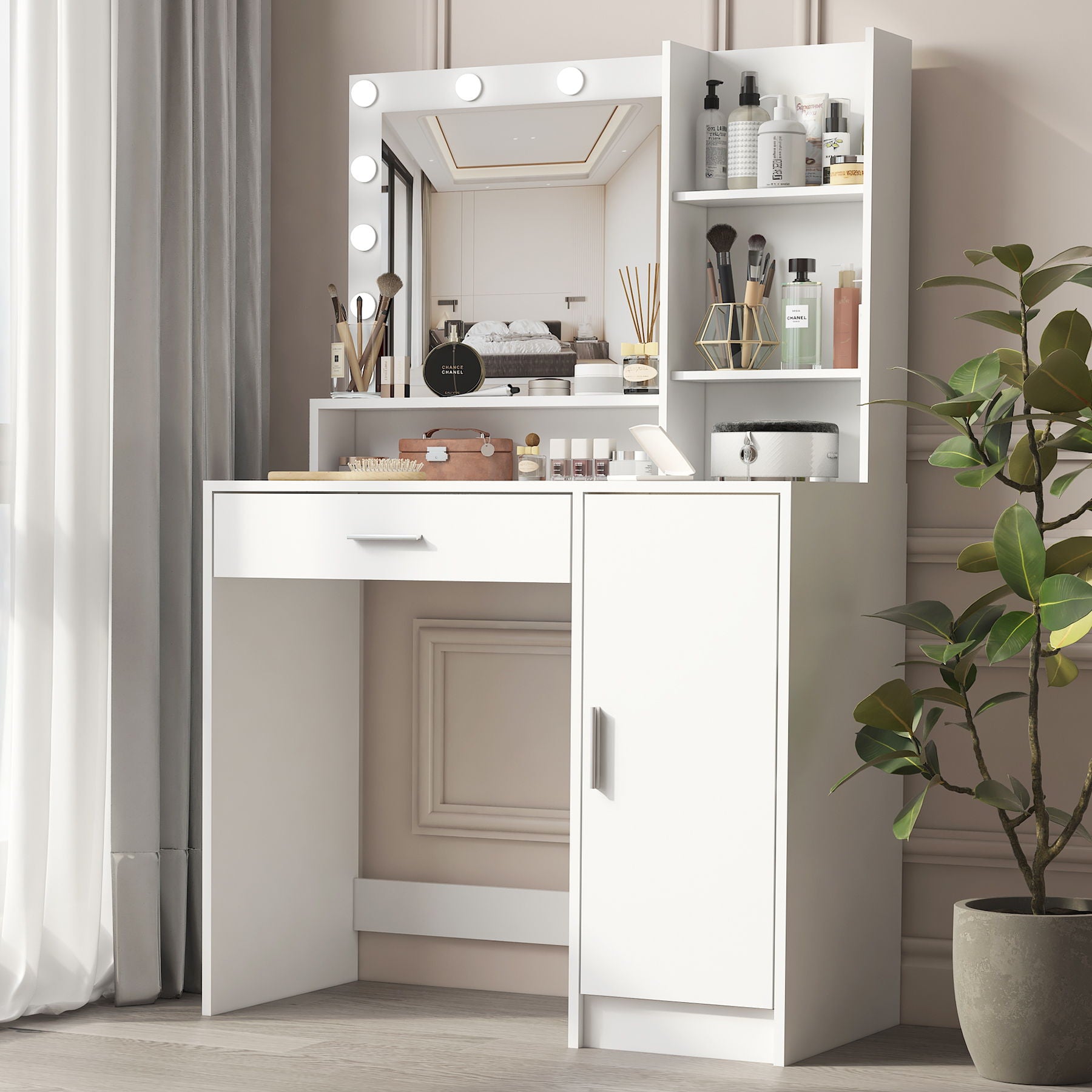 Vanity Desk With Mirror & Light, Large Drawer Three Level Storage Dresser, 3 Lighting Modes Adjustable Brightness, Bedroom Dressing Table - White