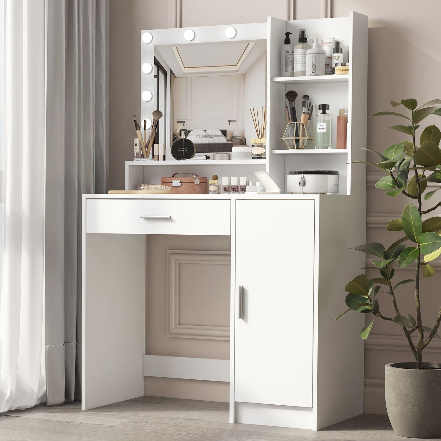 Vanity Desk With Mirror & Light, Large Drawer Three Level Storage Dresser, 3 Lighting Modes Adjustable Brightness, Bedroom Dressing Table - White