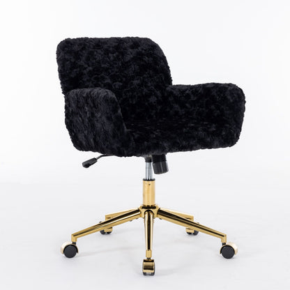 Office Chair, Artificial Rabbit Hair Home Office Chair With Golden Metal Base, Adjustable Desk Chair Swivel Office Chair, Vanity Chair - Black