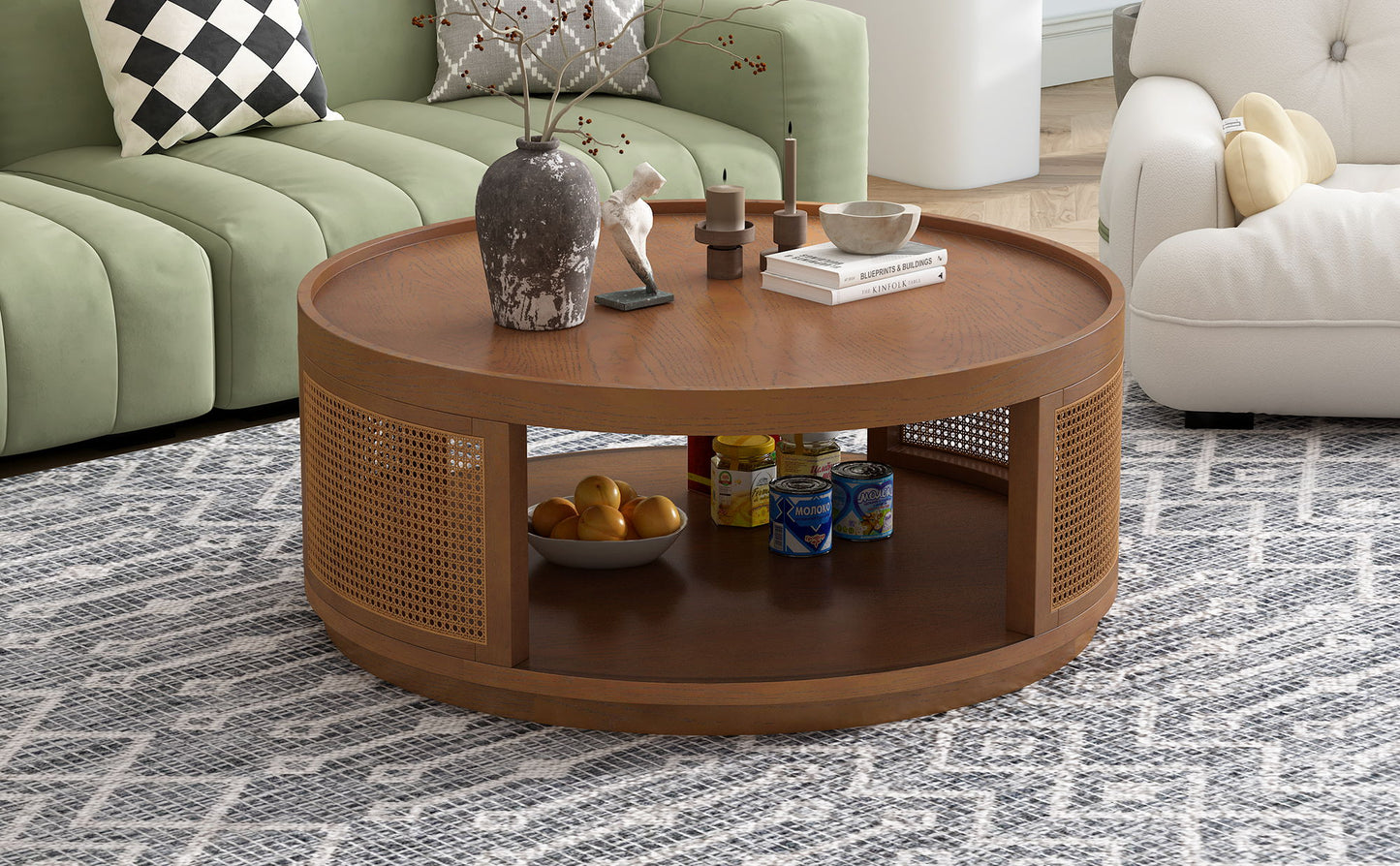 Wooden Mid-Century Modern Coffee Table, Round Cane Coffee Table With Side For Living Room - Brown